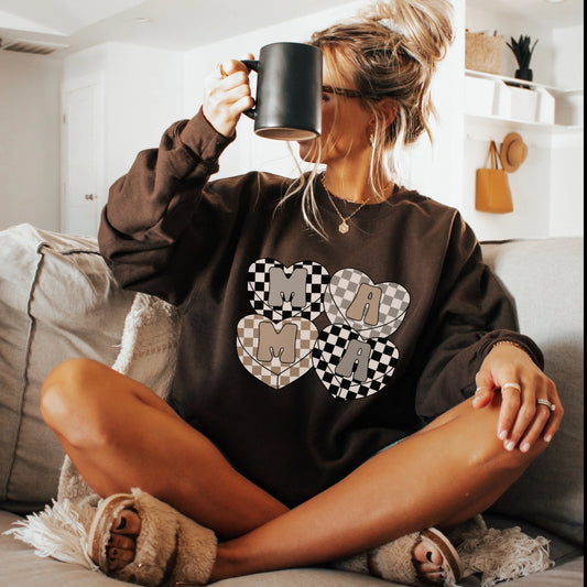 Mama Checkered Heart Crewneck Chocolate Brown || MADE TO ORDER ||